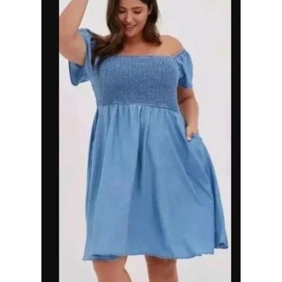 Torrid Blue Off Shoulder Smocked Skater Dress 3XL Pockets S/S Mini Blue - Picture 1 of 9